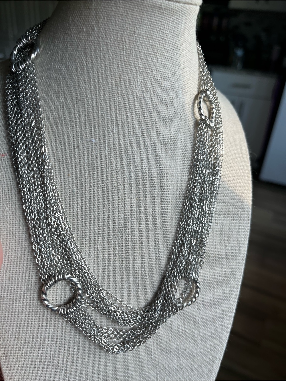 MultiStrand Chain with Circle Link Stations Necklace Silver-toned Metal 34”